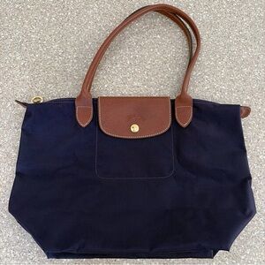 NWOT Longchamp Paris Le Pliage Medium Original Nylon Tote Bag Leather Purple
